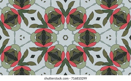 Seamless circular vector pattern. Colored decorative repainting background with tribal and ethnic motifs. Abstract floral geometric lace. Symmetrical flower ornament.