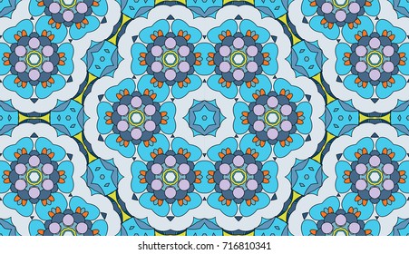 Seamless circular vector pattern. Colored decorative repainting background with tribal and ethnic motifs. Abstract floral geometric lace. Symmetrical flower ornament.