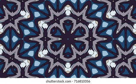 Seamless circular vector pattern. Colored decorative repainting background with tribal and ethnic motifs. Abstract floral geometric lace. Symmetrical flower ornament.