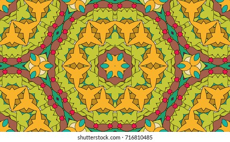 Seamless circular vector pattern. Colored decorative repainting background with tribal and ethnic motifs. Abstract floral geometric lace. Symmetrical flower ornament.