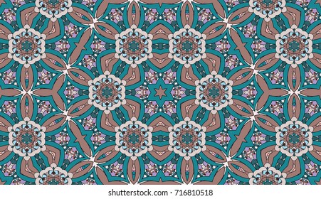 Seamless circular vector pattern. Colored decorative repainting background with tribal and ethnic motifs. Abstract floral geometric lace. Symmetrical flower ornament.