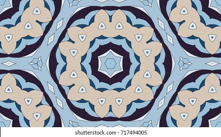 Seamless circular vector pattern. Colored decorative repainting background with tribal and ethnic motifs. Abstract floral geometric lace. Symmetrical flower ornament.