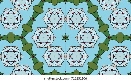 Seamless circular vector pattern. Colored decorative repainting background with tribal and ethnic motifs. Abstract floral geometric lace. Symmetrical flower ornament.