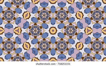 Seamless circular vector pattern. Colored decorative repainting background with tribal and ethnic motifs. Abstract floral geometric lace. Symmetrical flower ornament.