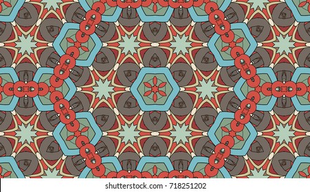 Seamless circular vector pattern. Colored decorative repainting background with tribal and ethnic motifs. Abstract floral geometric lace. Symmetrical flower ornament.