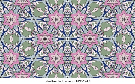 Seamless circular vector pattern. Colored decorative repainting background with tribal and ethnic motifs. Abstract floral geometric lace. Symmetrical flower ornament.