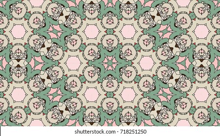 Seamless circular vector pattern. Colored decorative repainting background with tribal and ethnic motifs. Abstract floral geometric lace. Symmetrical flower ornament.