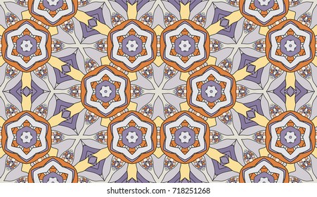 Seamless circular vector pattern. Colored decorative repainting background with tribal and ethnic motifs. Abstract floral geometric lace. Symmetrical flower ornament.