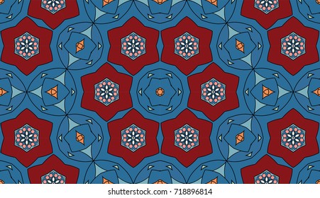 Seamless circular vector pattern. Colored decorative repainting background with tribal and ethnic motifs. Abstract floral geometric lace. Symmetrical flower ornament.