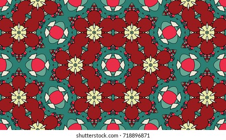Seamless circular vector pattern. Colored decorative repainting background with tribal and ethnic motifs. Abstract floral geometric lace. Symmetrical flower ornament.