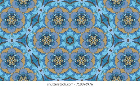 Seamless circular vector pattern. Colored decorative repainting background with tribal and ethnic motifs. Abstract floral geometric lace. Symmetrical flower ornament.