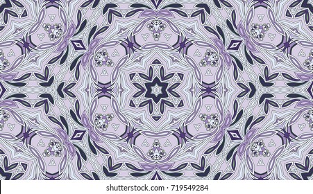 Seamless circular vector pattern. Colored decorative repainting background with tribal and ethnic motifs. Abstract floral geometric lace. Symmetrical flower ornament.