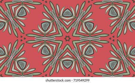 Seamless circular vector pattern. Colored decorative repainting background with tribal and ethnic motifs. Abstract floral geometric lace. Symmetrical flower ornament.