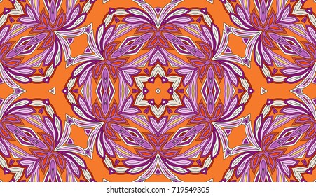 Seamless circular vector pattern. Colored decorative repainting background with tribal and ethnic motifs. Abstract floral geometric lace. Symmetrical flower ornament.