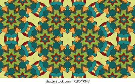 Seamless circular vector pattern. Colored decorative repainting background with tribal and ethnic motifs. Abstract floral geometric lace. Symmetrical flower ornament.