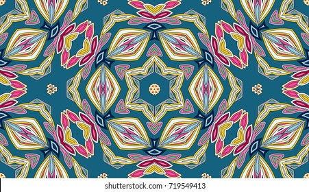 Seamless circular vector pattern. Colored decorative repainting background with tribal and ethnic motifs. Abstract floral geometric lace. Symmetrical flower ornament.