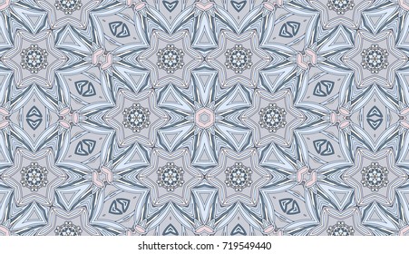 Seamless circular vector pattern. Colored decorative repainting background with tribal and ethnic motifs. Abstract floral geometric lace. Symmetrical flower ornament.