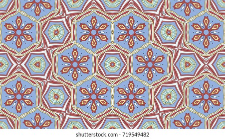 Seamless circular vector pattern. Colored decorative repainting background with tribal and ethnic motifs. Abstract floral geometric lace. Symmetrical flower ornament.