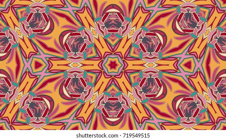 Seamless circular vector pattern. Colored decorative repainting background with tribal and ethnic motifs. Abstract floral geometric lace. Symmetrical flower ornament.