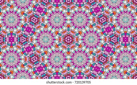 Seamless circular vector pattern. Colored decorative repainting background with tribal and ethnic motifs. Abstract floral geometric lace. Symmetrical flower ornament.