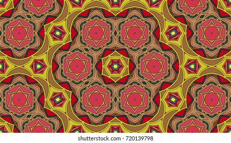 Seamless circular vector pattern. Colored decorative repainting background with tribal and ethnic motifs. Abstract floral geometric lace. Symmetrical flower ornament.