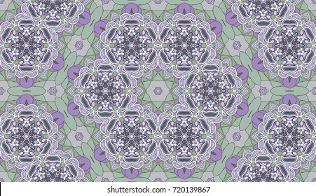 Seamless circular vector pattern. Colored decorative repainting background with tribal and ethnic motifs. Abstract floral geometric lace. Symmetrical flower ornament.