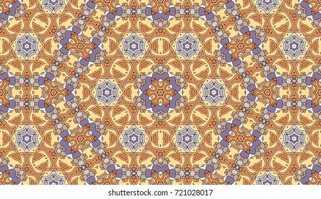Seamless circular vector pattern. Colored decorative repainting background with tribal and ethnic motifs. Abstract floral geometric lace. Symmetrical flower ornament.