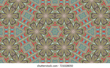 Seamless circular vector pattern. Colored decorative repainting background with tribal and ethnic motifs. Abstract floral geometric lace. Symmetrical flower ornament.
