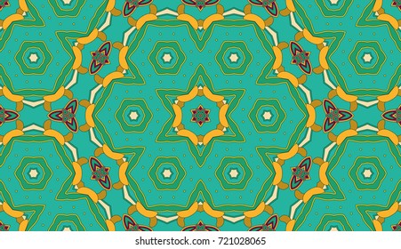 Seamless circular vector pattern. Colored decorative repainting background with tribal and ethnic motifs. Abstract floral geometric lace. Symmetrical flower ornament.