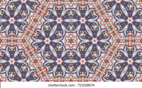 Seamless circular vector pattern. Colored decorative repainting background with tribal and ethnic motifs. Abstract floral geometric lace. Symmetrical flower ornament.