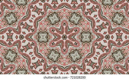 Seamless circular vector pattern. Colored decorative repainting background with tribal and ethnic motifs. Abstract floral geometric lace. Symmetrical flower ornament.