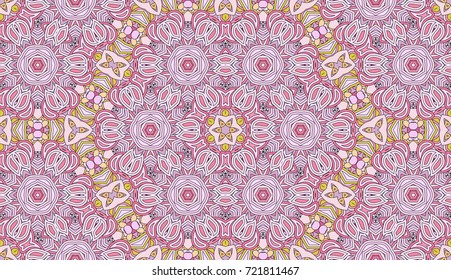 Seamless circular vector pattern. Colored decorative repainting background with tribal and ethnic motifs. Abstract floral geometric lace. Symmetrical flower ornament.