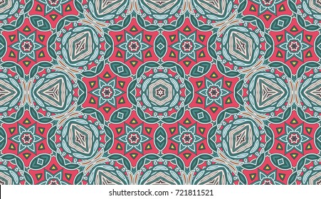 Seamless circular vector pattern. Colored decorative repainting background with tribal and ethnic motifs. Abstract floral geometric lace. Symmetrical flower ornament.