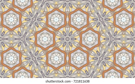 Seamless circular vector pattern. Colored decorative repainting background with tribal and ethnic motifs. Abstract floral geometric lace. Symmetrical flower ornament.