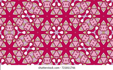 Seamless circular vector pattern. Colored decorative repainting background with tribal and ethnic motifs. Abstract floral geometric lace. Symmetrical flower ornament.