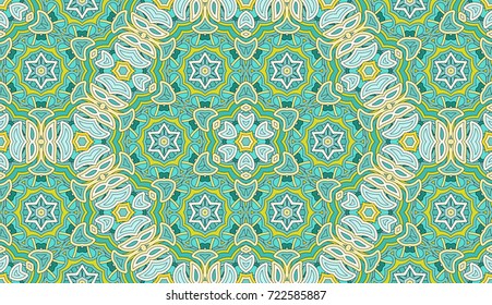 Seamless circular vector pattern. Colored decorative repainting background with tribal and ethnic motifs. Abstract floral geometric lace. Symmetrical flower ornament.