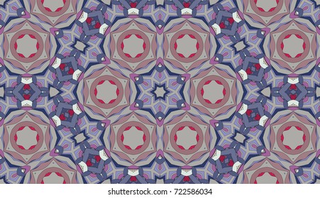 Seamless circular vector pattern. Colored decorative repainting background with tribal and ethnic motifs. Abstract floral geometric lace. Symmetrical flower ornament.