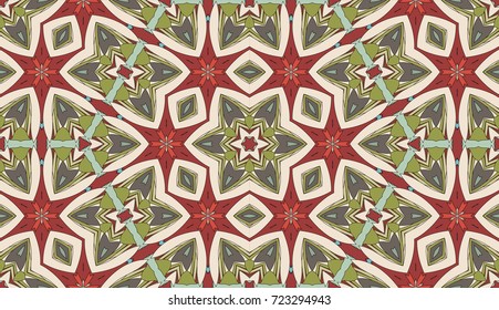 Seamless circular vector pattern. Colored decorative repainting background with tribal and ethnic motifs. Abstract floral geometric lace. Symmetrical flower ornament.