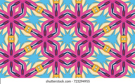 Seamless circular vector pattern. Colored decorative repainting background with tribal and ethnic motifs. Abstract floral geometric lace. Symmetrical flower ornament.