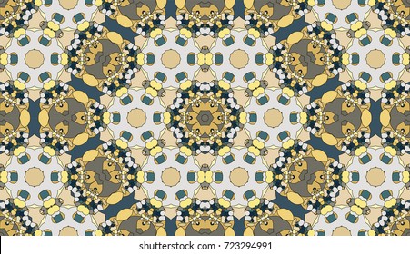 Seamless circular vector pattern. Colored decorative repainting background with tribal and ethnic motifs. Abstract floral geometric lace. Symmetrical flower ornament.