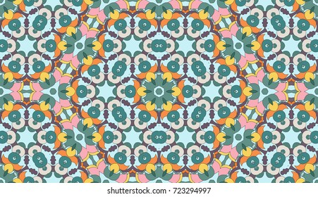 Seamless circular vector pattern. Colored decorative repainting background with tribal and ethnic motifs. Abstract floral geometric lace. Symmetrical flower ornament.