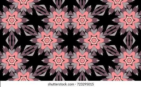 Seamless circular vector pattern. Colored decorative repainting background with tribal and ethnic motifs. Abstract floral geometric lace. Symmetrical flower ornament.