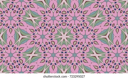 Seamless circular vector pattern. Colored decorative repainting background with tribal and ethnic motifs. Abstract floral geometric lace. Symmetrical flower ornament.