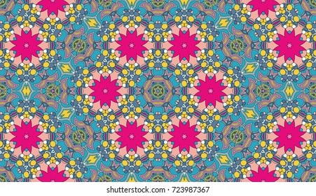 Seamless circular vector pattern. Colored decorative repainting background with tribal and ethnic motifs. Abstract floral geometric lace. Symmetrical flower ornament.