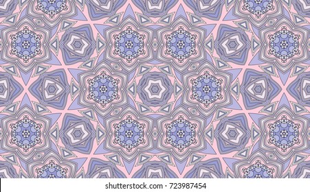 Seamless circular vector pattern. Colored decorative repainting background with tribal and ethnic motifs. Abstract floral geometric lace. Symmetrical flower ornament.