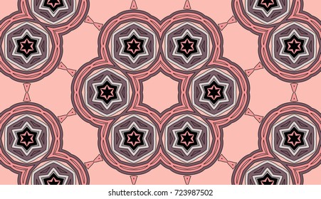Seamless circular vector pattern. Colored decorative repainting background with tribal and ethnic motifs. Abstract floral geometric lace. Symmetrical flower ornament.