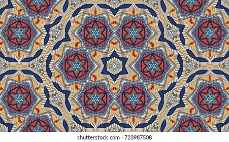 Seamless circular vector pattern. Colored decorative repainting background with tribal and ethnic motifs. Abstract floral geometric lace. Symmetrical flower ornament.