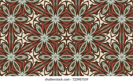 Seamless circular vector pattern. Colored decorative repainting background with tribal and ethnic motifs. Abstract floral geometric lace. Symmetrical flower ornament.