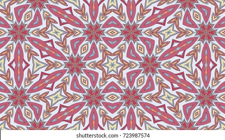Seamless circular vector pattern. Colored decorative repainting background with tribal and ethnic motifs. Abstract floral geometric lace. Symmetrical flower ornament.