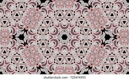 Seamless circular vector pattern. Colored decorative repainting background with tribal and ethnic motifs. Abstract floral geometric lace. Symmetrical flower ornament.